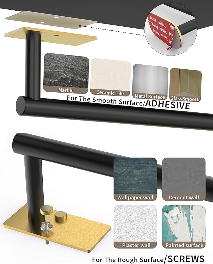 Paper Towel Holder Under Cabinet, Self Adhesive or Wall Mounted SUS304 Stainless Steel Paper Towel Holder Black and Gold for Kitchen, Bathroom, Farmhouse, Barbecue and Laundry (Black&Gold)
