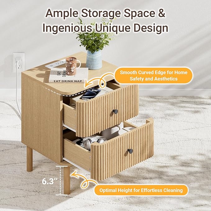 FavourLife Night Stand Set of 2 with Charging Station, 18" Fluted Nightstand with Rounded Corners & Solid Wood Legs, 2 Drawers End Table, Mid Century Modern Bedside Table for Bedroom, Natural Oak