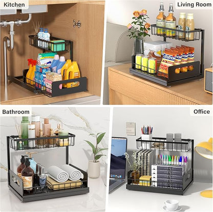2 Pack Under Sink Organizer, 2 Tier Pull Out Cabinet Organizer,Slide out Metal Cabinet Organizers Multi-Purpose Drawer Shelf for Kitchen Bathroom Pantry Cabinet Closet Organization Rack,Black