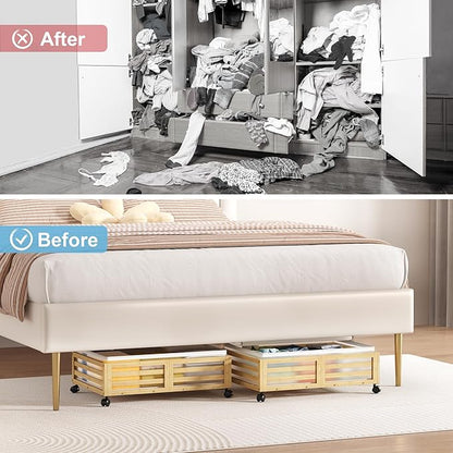 Wisuce Home Under Bed Storage Containers With Wheels - 2 Pcs Bamboo Wood Rolling Underbed Shoe Storage Bins With Dust Bags for Clothes Blankets, Duvet Covers Snacks Toys (Natural)