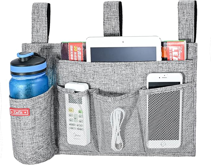 Zafit Linen Bedside Caddy, Bedside Storage Organizer for Hospital Beds, College Dorm Rooms or Baby Bed (5 Pockets-Grey)