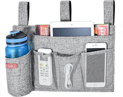Zafit Linen Bedside Caddy, Bedside Storage Organizer for Hospital Beds, College Dorm Rooms or Baby Bed (5 Pockets-Grey)