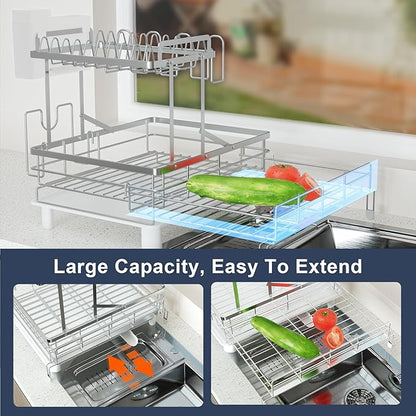 YEYPOP 2 Tier Expandable Dish Drying Rack, Stainless Steel Dish Rack w Drainboard, Large Dish Drainer for Kitchen Counter, w Cup Holder and Cutting Board Rack