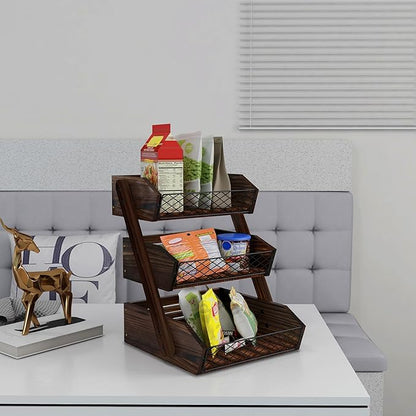 Dorhors Fruit Basket for Kitchen, 3 Tier Fruit Bowl for Kitchen Counter,Wooden Vegetable Holder for Countertop