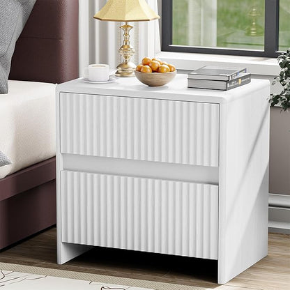 HOCAT Fluted Nightstand, 23" Wide Bedside Table with 2 Storage Drawers, Modern Night Stand for Bedroom, White