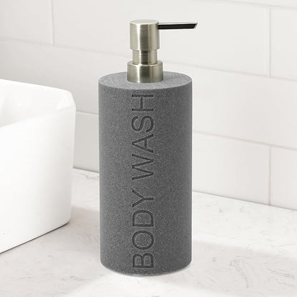 Indecor Home Resin Neutral Gray Sandstone Body Wash Engraved Bottle Refillable Pump Dispenser, Durable Waterproof Resin Construction for Bath, Shower - Gray Sandstone Satin Nickel Pump