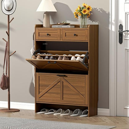 Shoe Cabinet with 2 Flip Drawers & 2 Storage Drawers, Rustic Farmhouse Narrow Shoe Organizer Cabinet, Slim Shoe Rack Cabinet, Shoe Storage Cabinet for Entryway, Hallway, Front Door
