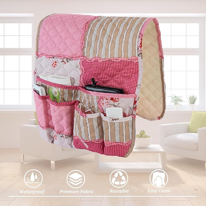 luckyjoyreal Armchair Caddy for Couch Remote Control Holder Non-slip Sofa Armset Organizer Caddy Storage for Recliner Couch 5 Pocket for Cell Phone Magazine 35"x13" Pink Vintage 1 Piece