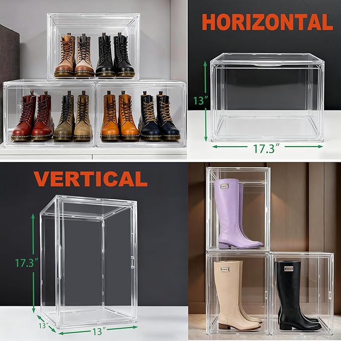 Extra XXX-Large Acrylic Display Case 17.3''x13''x13'' Super Large Figures Collectibles Helmet Showcase Tall Boot Shoe Boxes Clear Stackable Huge Storage Box with Magnetic Lid, 1 Pack with 2 Shoe Bags