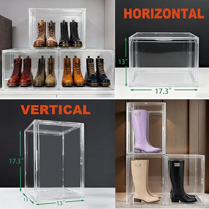 Extra XXX-Large Acrylic Display Case 17.3''x13''x13'' Super Large Figures Collectibles Helmet Showcase Tall Boot Shoe Boxes Clear Stackable Huge Storage Box with Magnetic Lid, 1 Pack with 2 Shoe Bags