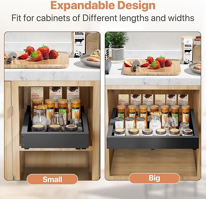 BUFOR 1 Pack Pull out Cabinet Organizer, Width (12"-19") Depth (17"-23"), with 3 Rails Adjustable Slide, Expandable Pullout Drawers for Cabinets, No Drill Adhesive Kitchen Drawers for Pantry Shelves