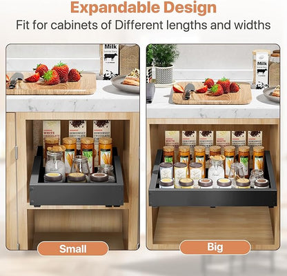 BUFOR 1 Pack Pull out Cabinet Organizer, Width (12"-19") Depth (17"-23"), with 3 Rails Adjustable Slide, Expandable Pullout Drawers for Cabinets, No Drill Adhesive Kitchen Drawers for Pantry Shelves