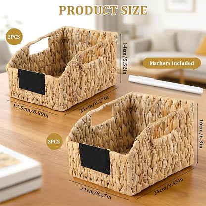 4 Pack Water Hyacinth Pantry Organizers, Wicker Storage Basket with Handles Chalkboard Labels Marker, Woven Storage Baskets for Shelves Kitchen Bedroom Bathroom