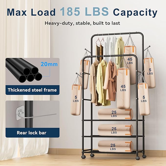 Whitmor Double Rod Clothes Rack: Metal Rolling Clothing Racks for Hanging Clothes, Heavy Duty Garment Rack with 3 Shelves, Portable Clothes Organizer for Bedroom, Laundry, Living Room, Black