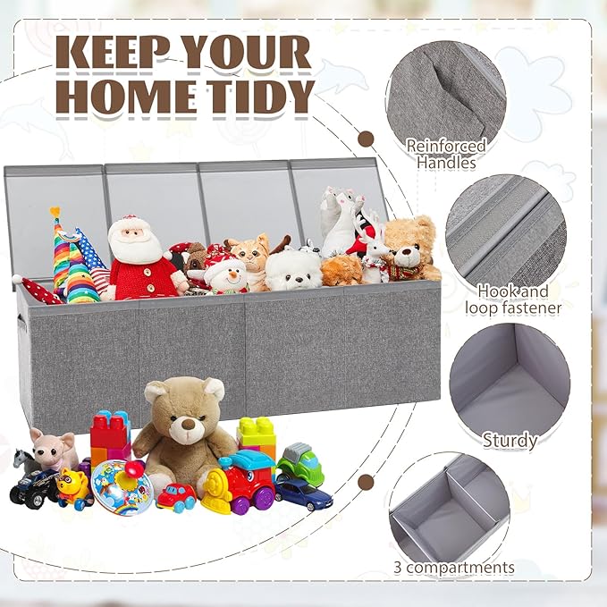 Patelai Extra Large Toy Box Chest with Lids 4/3 Grids Large Chest Collapsible Kids Toy Storage Baskets Gifts for Boys Girls Living Room Nursery Playroom(49.2 x 13 x 15.7'',Gray)