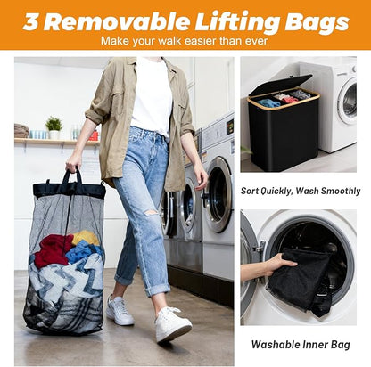 160L Laundry Hamper 3-Section, Laundry Basket with Lid, Dirty Clothes Basket, Laundry Basket Organizer with 5 Sorting Labels and 2PCS Laundry Bags for Bedroom, Dormitory, Laundry Room