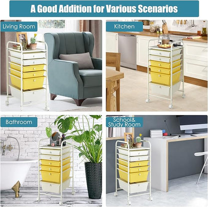 Giantex 6 Storage Drawer Cart Rolling Organizer Cart for Tools Scrapbook Paper Home Office School Multipurpose Mobile Utility Cart (Beige & Yellow)