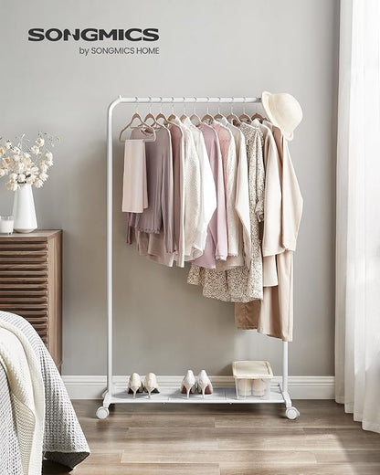 SONGMICS Clothes Rack with Wheels, Clothing Rack for Hanging Clothes, 25.4 mm Metal Garment Rack with Dense Mesh Storage Shelf, 110 lb Load Capacity, 2 Brakes, Cloud White UHSR025W01