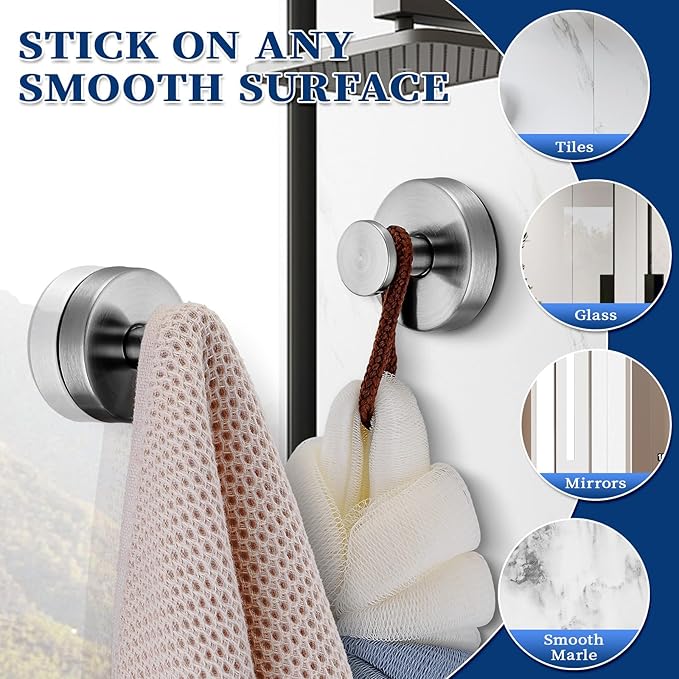 warlve Suction Cup Hooks No Drill Stainless Steel Shower Hooks Towel Hook Heavy Duty on Smooth and Non-Porous Surfaces in Bathrooms Kitchen Bedroom (2, Brushed Nickel)