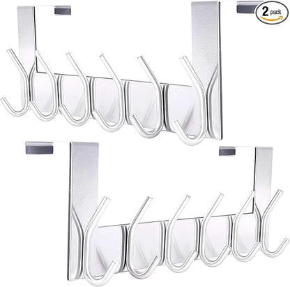 SKOLOO Over The Door Hook - 6 Hooks, No Assembly Required, Stainless Steel Door Hooks, Over Door Coat Rack for Hanging Coats Clothes Hats Robes, Silver, Pack of 2