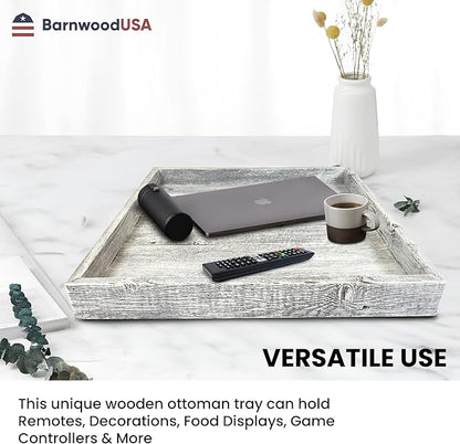 Wooden Ottoman Tray with Felt Pad – Decorative Couch Serving Tray Made with Real Rustic Reclaimed Wood - Perfect for Living Room Ottomans, Sofas, & Coffee Tables -24" x 24"- White Wash