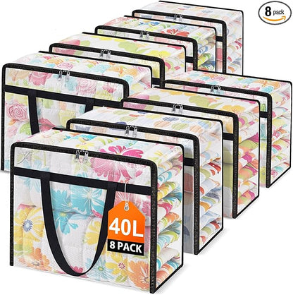 EdenDwell Clear Under Bed Storage Containers - 8 Pack Large Capacity Clothes Storage Bags with Lid & Sturdy Handles, Foldable Moving Bags, Clothing Organizer Totes for Bedding, Comforter, Sheet（40 L）