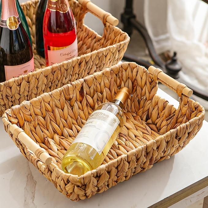 Woven Storage Baskets – Set of 2 Handwoven Water Hyacinth Wicker Baskets with Wooden Handles for Organizing, Decorative Baskets for Laundry Room, Home Decor - Large & Medium
