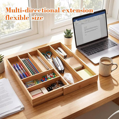 Briwooody 1 Pcs Bamboo Drawer Organizer 9'' up to 18'' x 15'' x 2'' Expandable Drawer Organizer Pens Notebook Ruler Makeup Tray with 7 Adjustable Compartments for Desk Office Kitchen Bathroom(Wood)