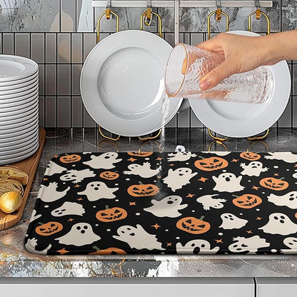 Wnoesat Halloween Dish Drying Mat for Kitchen Counter Pumpkin Spooky Ghosts Fall Dish Mat Absorbent Microfiber Reversible Dish Draining Mat Extra Large Dishes Pad 18 X 24 Inch