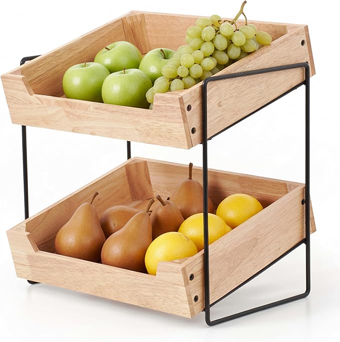 2-Tier Fruit Basket Countertop Organizer – Rubberwood & Metal Fruit Stand – Minimal Scandinavian Design Storage for Fruits, Vegetables, Bread & Snacks – Airflow Design, Easy Assembly