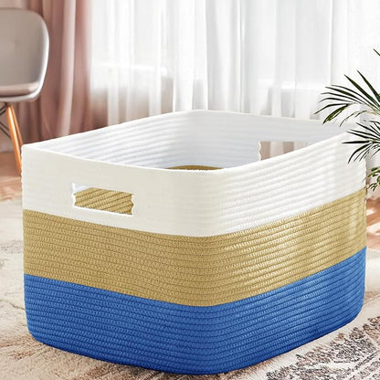 Cotton Rope Basket,Large Blanket Basket for Living Room,Woven cotton rope laundry baskets，For Bathroom Dirty Clothes ，Nursery Toys，pillow storage organization, 72L，white and dark blue.