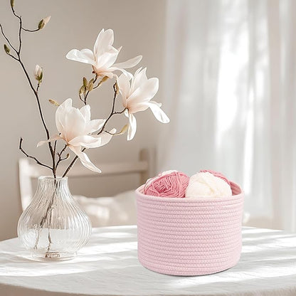 Woven Cotton Rope Storage Baskets - 3-Pack Round Bins (10x10x7'') for Shelves, Closets & Bookcases | Durable Rope Organizers for Nursery, Baby, Toys, Easter & More (pink)