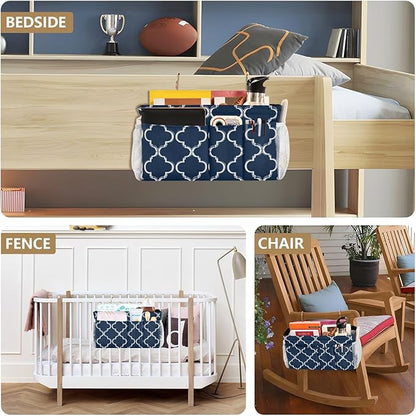 CuwrYet Bedside Caddy Hanging Bunk Bed Caddy Bed Organizer Hanging Pocket with 2 Hooks Bedside Storage Organizer Pocket Bag Holder Navy Blue Geometric Quatrefoil