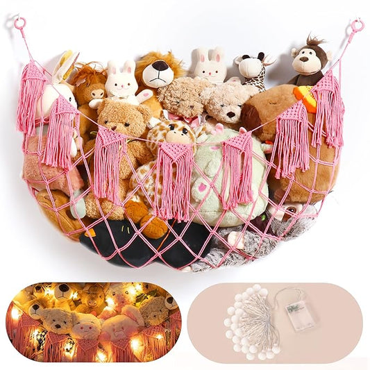 Macrame Stuffed Animal Hammock Toy Storage with Lights - Small Wall Net Toys Storage Stuff Animal Organizer Holder,Pink Room Decor for Teen Girls,Boho Nursery Bedoom Decor Aesthetic