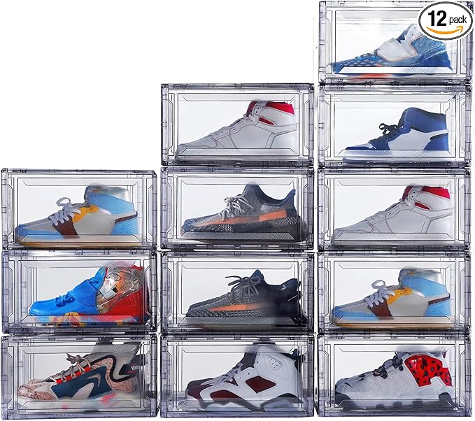 12 Pack Acrylic Clear Shoe Boxes– Ultra Clear Plastic Stackable Sneaker Storage For Sneakerhead. Professional Grade Shoe Display Case with Magnetic Door .Boots and Hat Organizer.Fits US Size 15