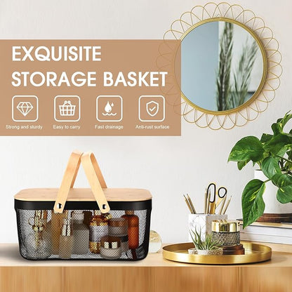 4 Pcs Mesh Steel Basket with Handles and Lids Wire Mesh Basket Garden Baskets for Gathering Vegetables Fruit Harvest Storage Organizer for Kitchen Drying Food(16 Inch,Black)