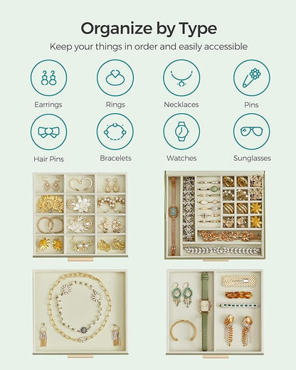 SONGMICS Jewelry Box Organizer with Glass Lid, 4-Layer Jewelry Storage, with 3 Drawers, Modern Style, 8 x 9.1 x 6.5 Inches, Laurel Green and Gold Color UJBC173C02