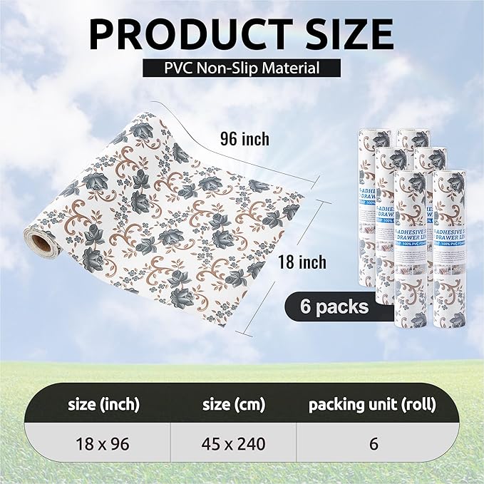 FIFTY FEET 18X96 Inch Shelf Liner for Kitchen Cabinets, PVC Drawer Liner for Dresser Non-Slip Bathroom, Non-Adhesive Cabinet Liner Washable (Black Floral)(6 Roll)
