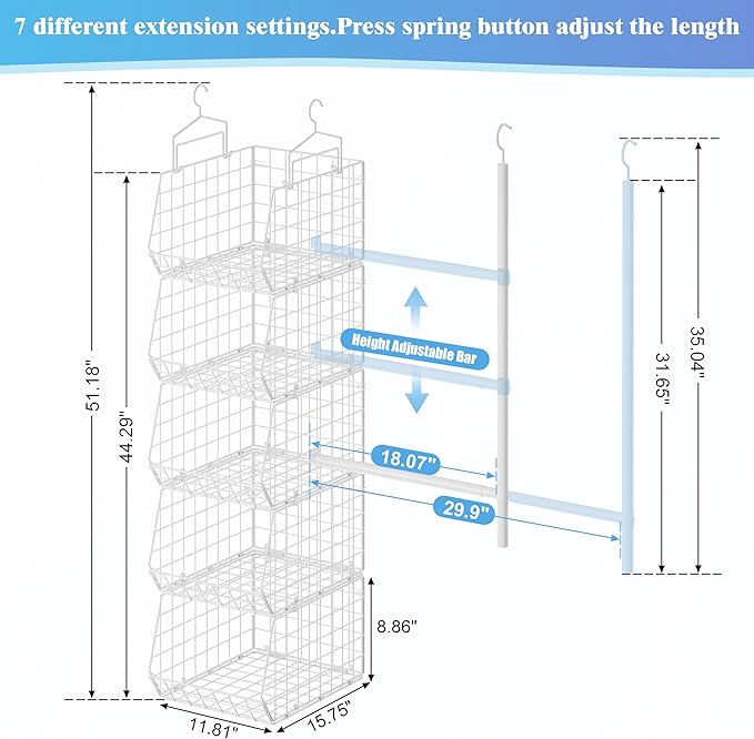 5 Tier Extended Depth Hanging Closet Organizer with Adjustable Width and Height Hanging Rod, Storage Shelves for Sweaters Towels Handbags, Stackable Metal Bins for Closet, Laundry, Dorm, White