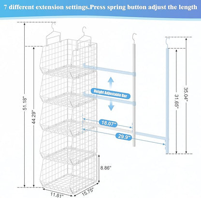 5 Tier Extended Depth Hanging Closet Organizer with Adjustable Width and Height Hanging Rod, Storage Shelves for Sweaters Towels Handbags, Stackable Metal Bins for Closet, Laundry, Dorm, White
