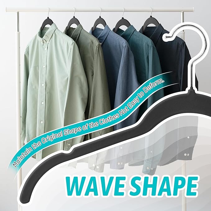 Sishynio Premium Velvet Hangers 30 Pack - Space-Saving Closet Organizer for Clothes, Non-Slip Flocked Design, Ideal for Shirts and Coats (Black)