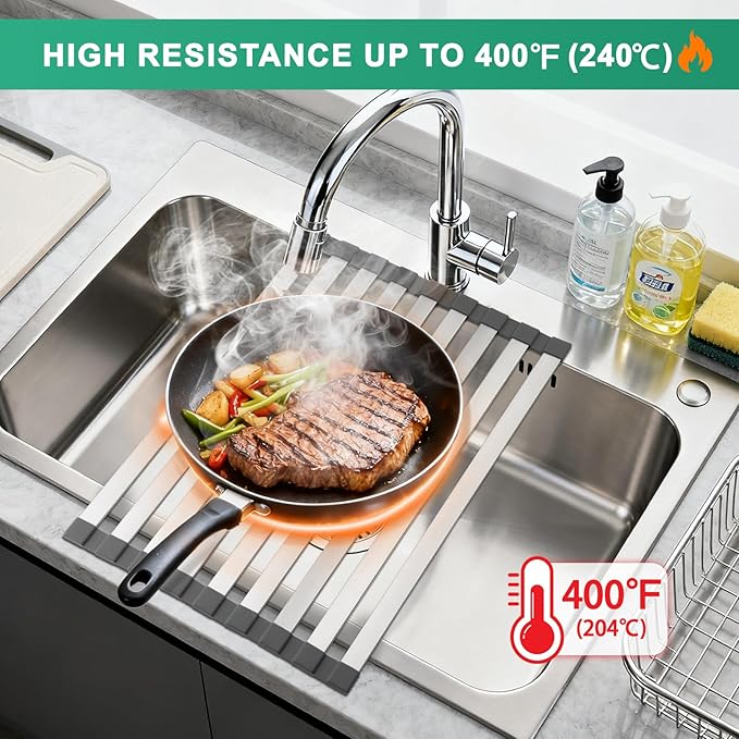 Hobychild 21.6" X 13" Roll Up Dish Drying Rack，Over The Sink Drying Rack 304 Stainless Steel Foldable Heat-Resistant Dishes Drainer for Kitchen and RV Sink Counter