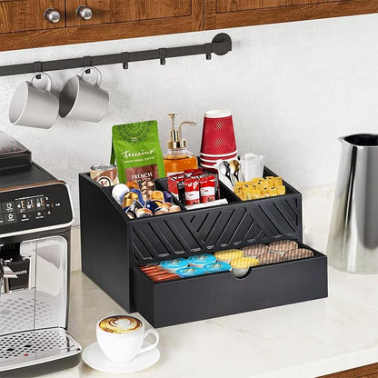Farmhouse Coffee Bar Organizer - Wooden Countertop Station With Drawer, Pods Holder & Storage Basket