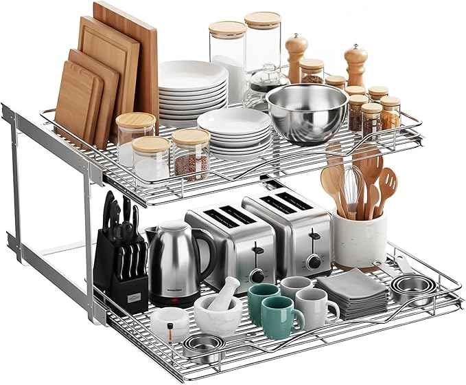 HOLDN’ STORAGE Two Tier Pull Out Cabinet Organizer, Individual Sliding Drawers - Heavy Duty Metal with Lifetime Limited Warranty - Anti Rust Chrome Finish - 28" W x 21”D x 16.5" H