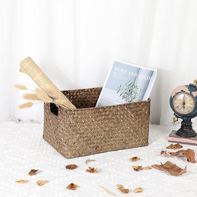 Hipiwe Seagrass Storage Basket for Shelf Organizing, Opened Baskets Bin Handwoven Wicker Baskets Rectangular Decorative Basket Multipurpose Closet Bedroom Organizer Bin Box with Handle, Small