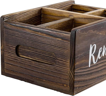MyGift Wood Remote Control Holder Organizer with 4 Compartments, Tabletop Media TV Remote Caddy Storage with Cursive REMOTES Design (Rustic Burnt)