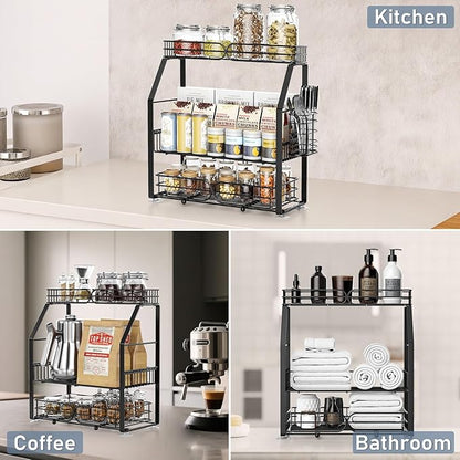 Spice Rack Organizer for Cabinet, 3 Tier Black Countertop Organizer Small Spice Rack, Kitchen Spice Shelf Organizer for Cabinet, Pantry, Bathroom, Bedroom, Coffee Station
