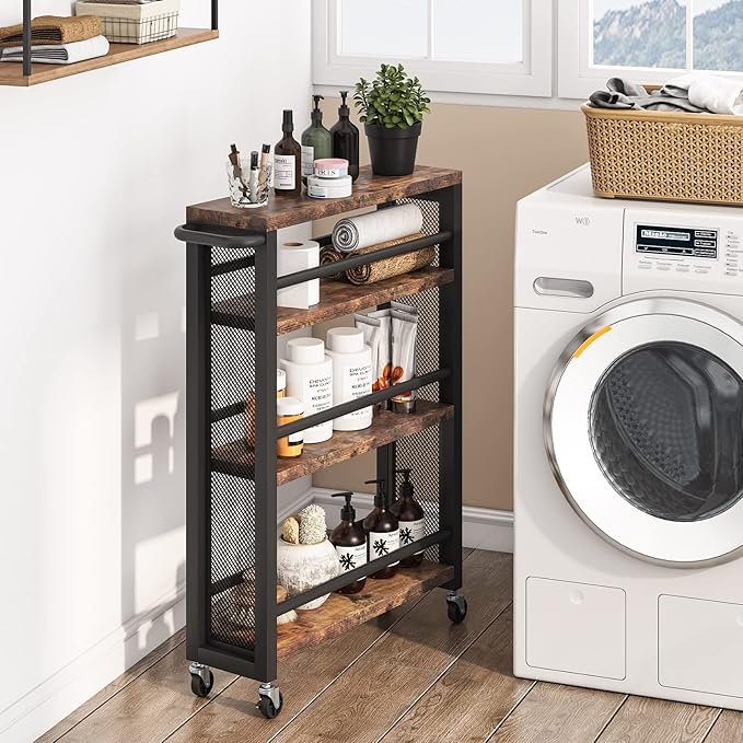 Tribesigns Slim Rolling Utility Carts with Wheels,4-Tier Narrow Kitchen Trolley Cart for Small Space,Wood Spice Storage Rack