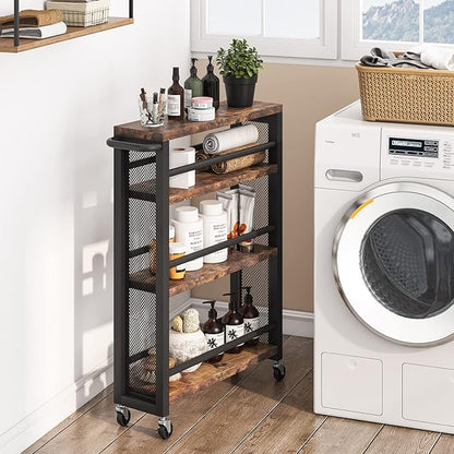 Tribesigns Slim Rolling Utility Carts with Wheels,4-Tier Narrow Kitchen Trolley Cart for Small Space,Wood Spice Storage Rack
