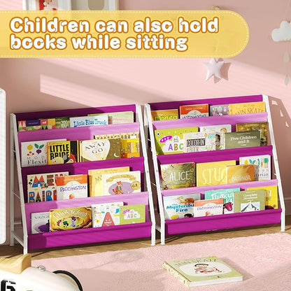 Kids Bookshelf for Kids Rooms, 4-Tier Montessori Bookshelf,Nursery Book Shelves,Pink Toddler Bookshelf, Metal Kid's Book Storage Organizer for Girls Room Furniture Playroom Kindergarten
